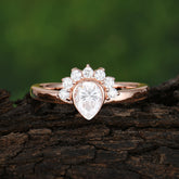 Unique Pear Cut Halo Moissanite Engagement Ring Bezel Cluster Ring